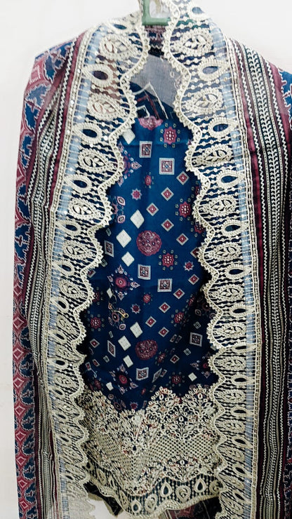 Blue & Yellow Elegant Lawn Dress Beautiful Embroidery with a Graceful Look