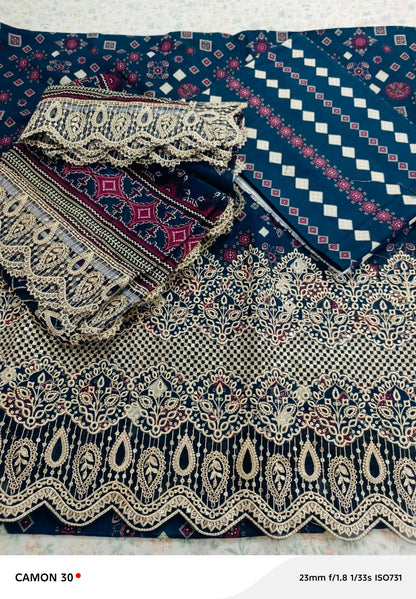 Blue & Yellow Elegant Lawn Dress Beautiful Embroidery with a Graceful Look