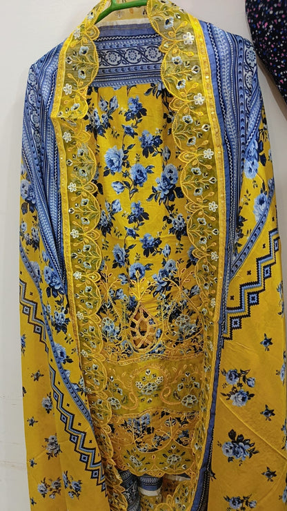 Blue & Yellow Elegant Lawn Dress Beautiful Embroidery with a Graceful Look